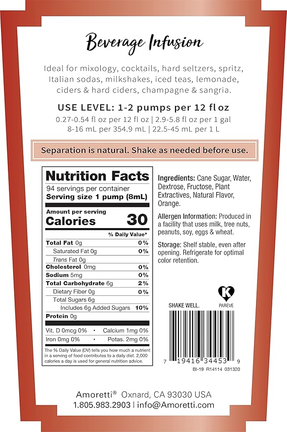 Amoretti - Blood Orange Beverage Infusion Drink Mix &amp Water Enhancer with Pump for Flavoring Cocktails Waters Teas and other Beverages 94 Servings Per Bottle (750 ml) Preservative Free