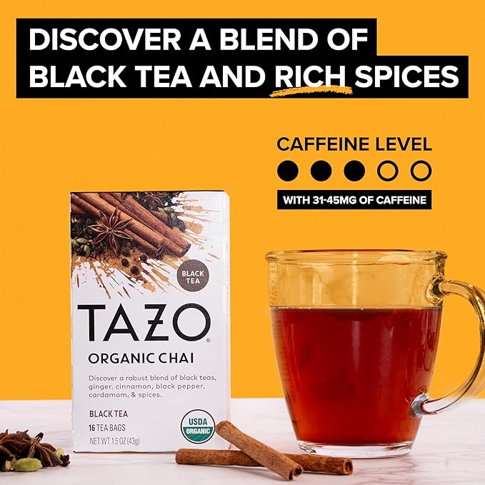 TAZO Organic Chai Black Tea Bags Blend of Black Teas Ginger Cinnamon Black Pepper &amp Cardamom 96 Total Tea Bags (16ct - Pack of 6)