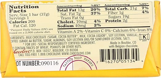 Chocolove Toffee and Almond Milk Chocolate Mini Bar 1.3-Ounces (Pack of 12)