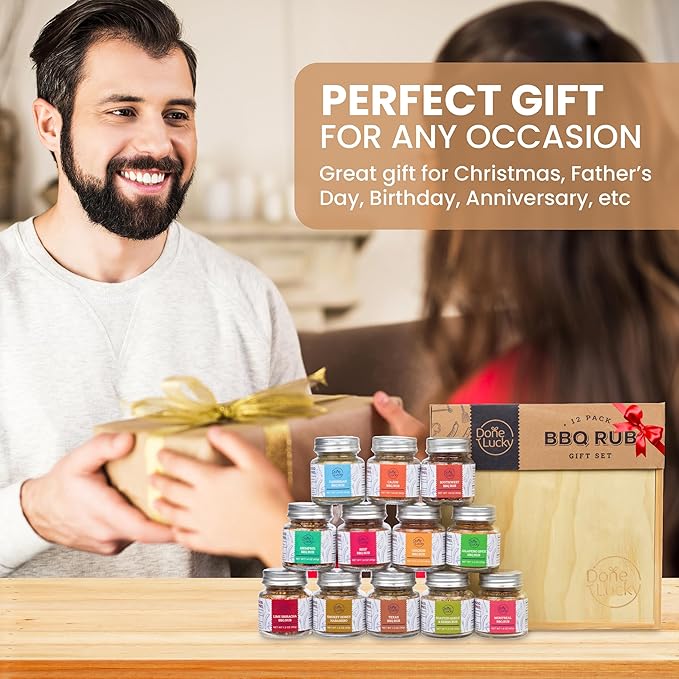 BBQ Rub Gift Set - Spice Gift Set in Premium Wooden Box - Great Grilling Gift for Christmas Birthday Father's Day for Him Dad Men or Her - Unique Barbecue Seasonings (Set of 12)