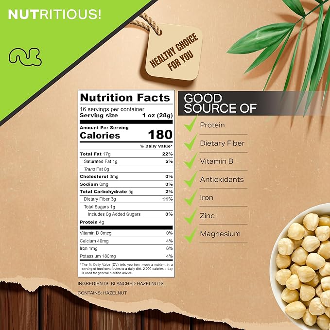 NUT CRAVINGS - Raw Blanched Hazelnuts Filberts - Unsalted Shelled (16oz - 1 LB) Packed Fresh in Resealable Bag - Kosher Healthy Snack Food Assortments Ideal for Trail Mixed Nuts