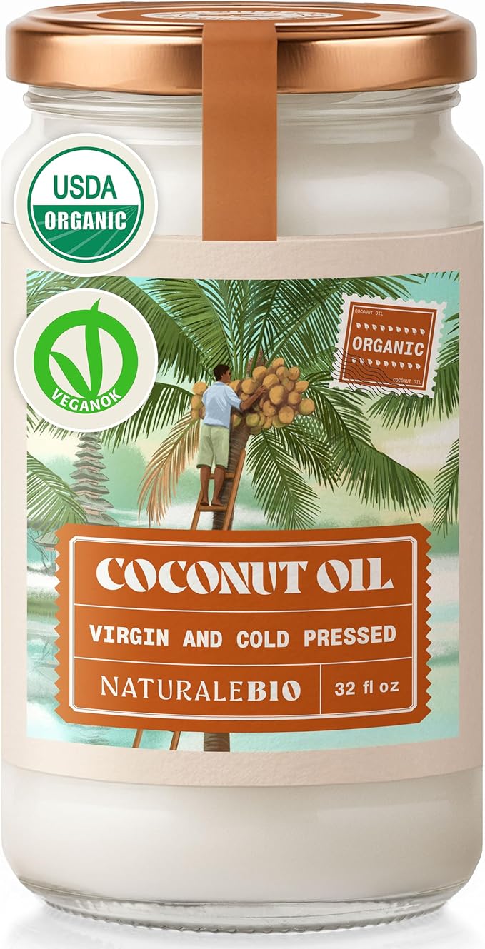 NaturaleBio Organic Virgin Coconut Oil 32 fl oz Raw Cold Pressed for Skin Hair Moisturizer Massage Body Hand Cream Vegan Butter Alternative Ideal Lotion Perfect Care