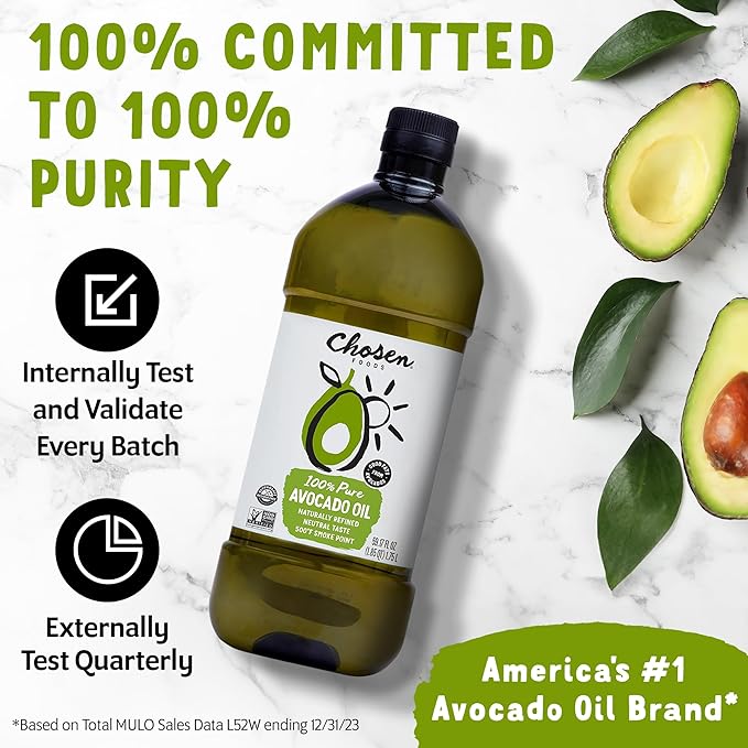 Chosen Foods 100% Pure Avocado Oil for Cooking - 1.75L - Made With Good Fats from Avocados Naturally Refined Never Adulterated High Smoke Point Non-GMO Soy-Free Canola Oil-Free Gluten-Free Ket