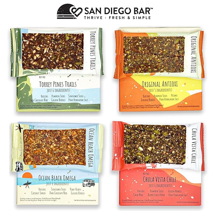 San Diego Bar - Raw Vegan Protein Bar | Variety Pack 12 Bars All Natural Gluten &amp Soy Free - Nutrition Meal Bar with No Added Sugars | 5 Flavors 10g Protein from Only 6 Natural Whole Food Ingr