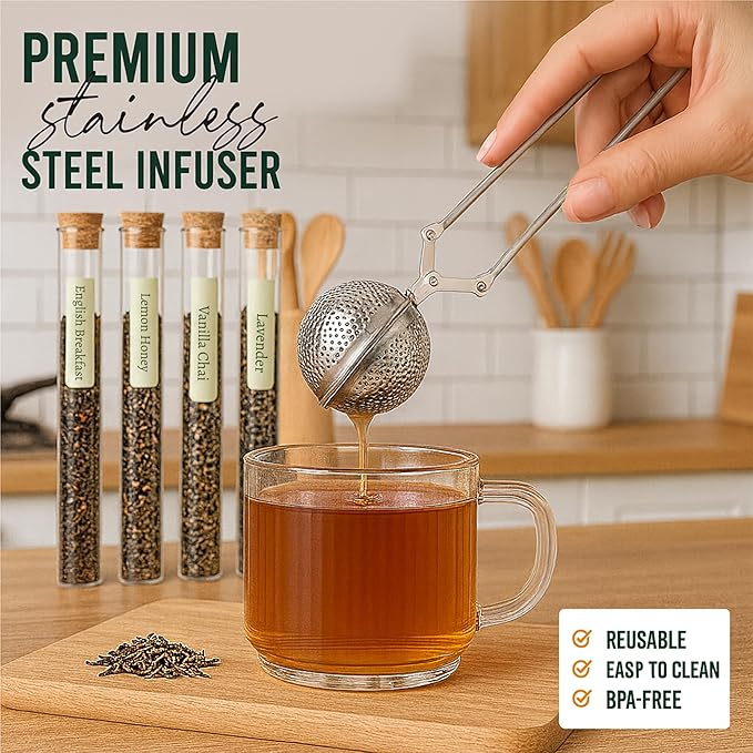 Loose Leaf Tea Sampler - Tea Gift Set Box – 8 Unique Flavors with Stainless Steel Infuser | Vanilla Chai Jasmine Lemon Honey &amp More | Tea Gift Set for Women and Men - Set of 9 - Valentine Gifts
