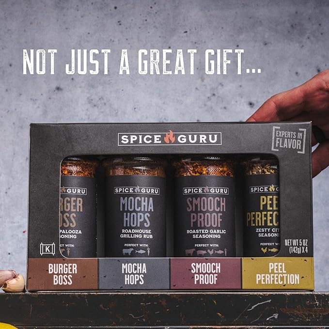 Spice Guru Grill Seasoning Gift Set - 4 Flavor BBQ Seasonings and Rubs - Christmas Gifts for Men Who Cook - BBQ Rub Gift Set - Christmas Grilling Gifts for Men - Gifts for Dad - Gifts for Him