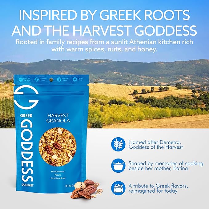 Greek Goddess Gourmet Harvest Granola with Pecans Almonds Coconut &amp Maple Syrup 100% Whole Grain Oats &amp Olive Oil – Healthy Greek-Inspired Gluten Free Granola 10oz (3-Pack)