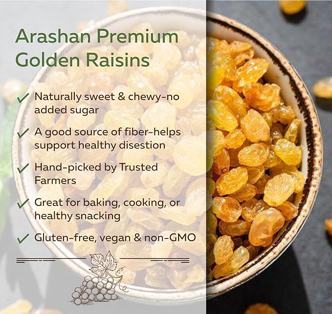 Arashan Golden Raisins – 380g (13.4 oz) – All Natural No Sugar Added – Sweet &amp Juicy – Healthy Dried Fruit Snack – Vegan &amp Gluten-Free – Non-GMO – Resealable Bag Pack of 2