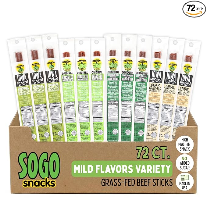 Mild Variety Sogo Snacks 4 No Sugar 100% Grass-fed/finished Non-GMO Beef Flavors. No Nitrates Gluten Soy MSG Dairy Nuts (18 Org-ISR 18 Garlic-ISR 18 Org 18 Chimi 72-cnt 1-oz)