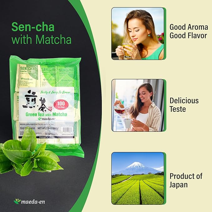 MAEDA-EN Sen-cha with Matcha Green 200 Tea Bags Powder Japanese Origin Green Tea Leaves Individually Wrapped Teabags 02386 2pk