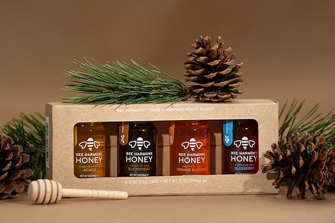 Bee Harmony Rare Varietals Honey Flight Mini Honey Gift Set 4 Jars 3 OZ Each Premium Raw (Acacia Buckwheat Blueberry Blossom Orange Blossom)