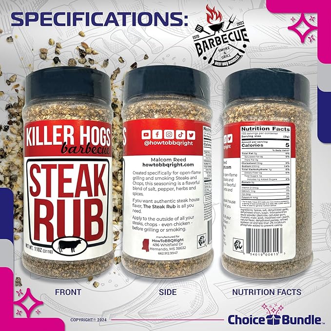 Killer Hogs Steak Rub &amp TX Texas Brisket Rub Premium BBQ Barbecue &amp Seasoning 4 pk Variety Choice Bundle (44 oz) + BBQ Guide &amp Keychain Bottle Opener (6 Items)!