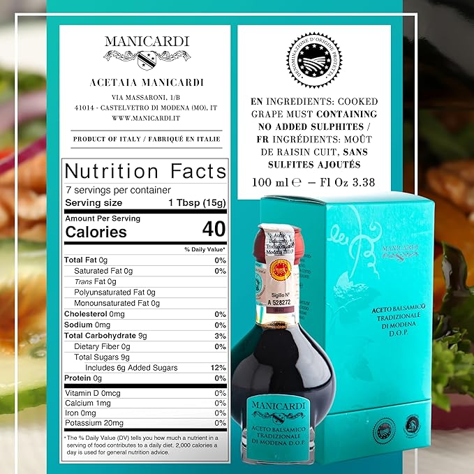MANICARDI Traditional Balsamic Vinegar of Modena PDO Affinato Aged 12 Years - Aged Italian Vinegar Perfect for Snacks Pasta Vegetables Salad Dressings and Meat - Made in Italy 3.38 Fl Oz (100 ml)