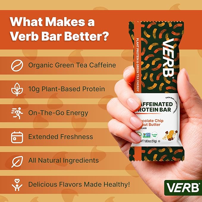 Verb Energy - Caffeinated Protein Bars Chocolate Chip Peanut Butter 10g Plant Based Protein Bars High Protein - Vegan Snack - Gluten Free Breakfast Snack with Organic Green Tea 51g (Pack of 12)