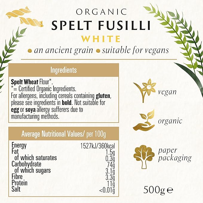 Biona Organic White Spelt Fusilli Pasta 500 g (Pack of 10)