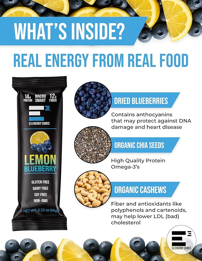 E3 Energy Cubes- Lemon Blueberry Refrigerated Protein Bars | Gluten Free Dairy Free Soy Free Non-GMO Macro Smart Prebiotic Fiber Prebiotic Fiber | High-Protein Healthy Snack Bars | Made in USA