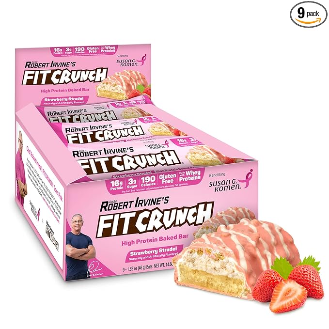 FITCRUNCH Snack Size Protein Bars 6-Layer Baked Bar 3g of Sugar Gluten Free &amp Soft Cake Core (9 Bars Strawberry Strudel)