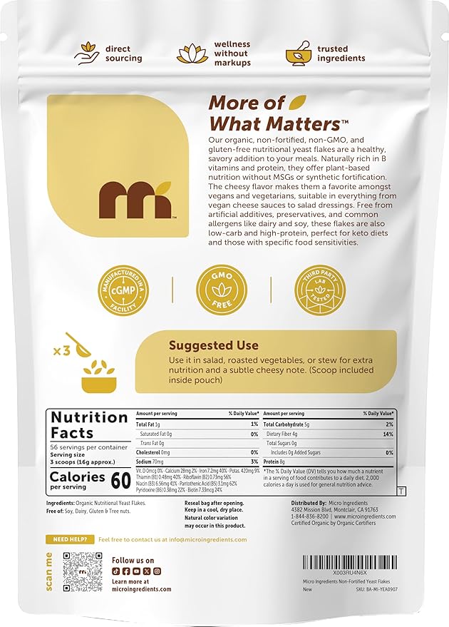 Micro Ingredients Organic Non-Fortified Nutritional Yeast Flakes 2 Pounds | Vegan Protein B Vitamins &amp Beta-glucans | Keto Friendly Dairy Free Cheese Substitute Non-GMO Gluten Free
