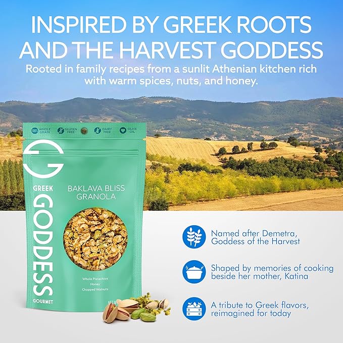 Greek Goddess Gourmet Baklava Bliss Granola with Pistachios Walnuts Wildflower Honey Cinnamon &amp Clove 100% Whole Grain Oats &amp Olive Oil – Healthy Greek-Inspired Gluten Free Granola 10oz