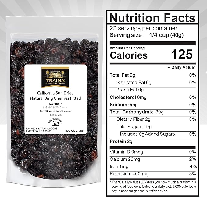 Traina Home Grown California Sun Dried Natural Pitted Cherries - Healthy Natural No Added Sugar Non GMO Gluten Free Kosher Certified Vegan Dark Red Packed in Resealable Pouch (2 lbs)