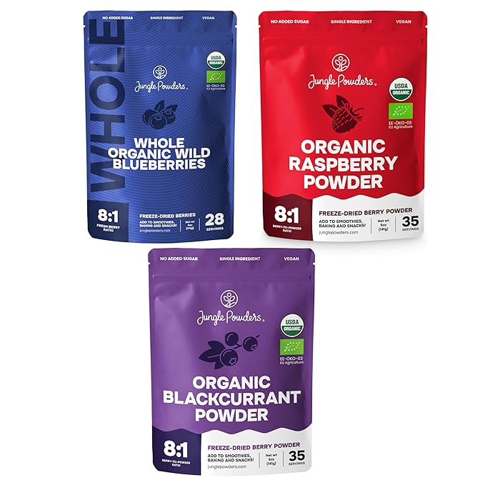 Jungle Powders Organic Freeze Dried Whole Blueberries 4oz Raspberry Powder 5oz &amp Black Currant Powder 5oz – No Sugar Added USDA Organic Additive-Free Whole Fruit Superfoods