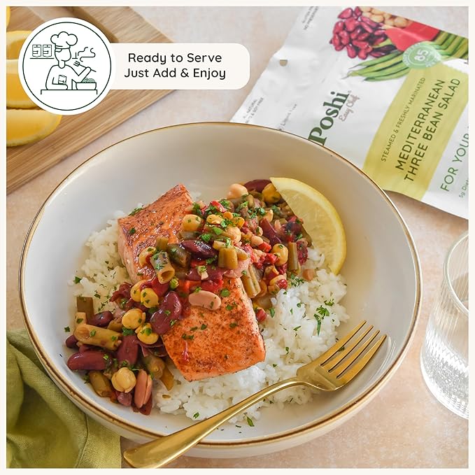 POSHI Mediterranean Three Bean Salad Natural Keto Vegan Non GMO Low Carb + Calorie Gluten Free Ready to Eat Fully Cooked Vegetables Pentry Food Gourmet Healthy Travel Food 6 Pack 4.4 oz