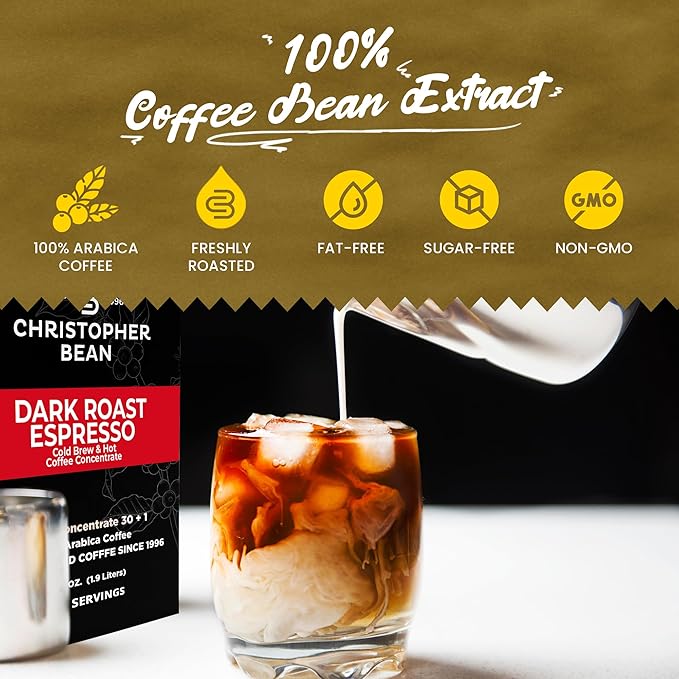 Christopher Bean Coffee - 396 servings 30 to 1 Blend Bag in Box Liquid Instant Coffee or Cold Brew Coffee Concentrate - Hot or Iced Coffee - Espresso Dark Roast
