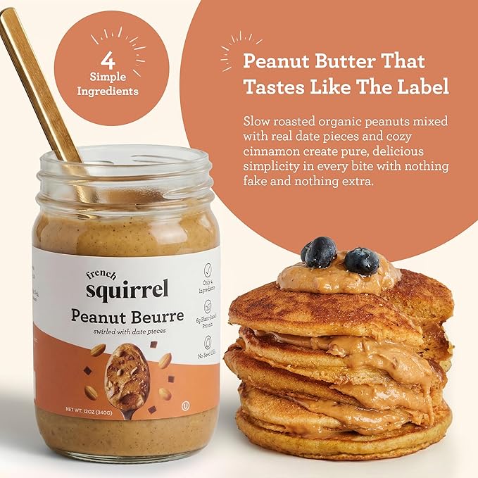 French Squirrel Peanut Beurre - Gluten-Free Nutrient-rich Fresh Peanut Butter - Vegan PeanutButter w/Dates Cinnamon Sea Salt - Crunchy Peanutbutter for Toasts Oatmeal Porridge &amp More (2 Pack)