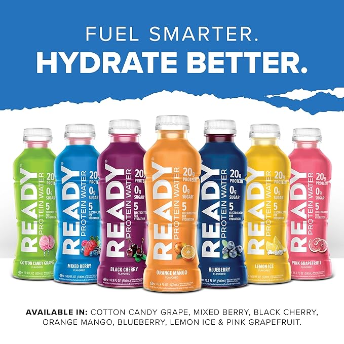 Ready® Clear Protein Water Variety Pack – Black Cherry &amp Cotton Candy Grape | 12 Bottles | 20g Protein | Sugar-Free Hydration