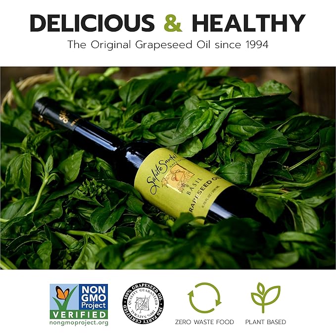 Salute Santé! Basil Infused Grapeseed Oil — vegetable oil cooking oil grapeseed oil — Light Basil Aroma Finishing &amp Marinades Sautéing and Roasting Gourmet kitchen essential for everyday cooki
