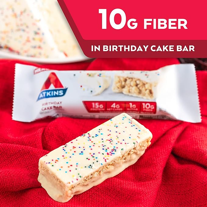 Atkins Birthday Cake Protein Meal Bar High Fiber 15g Protein 1g Sugar 4g Net Carbs Meal Replacement Keto Friendly 30 Count