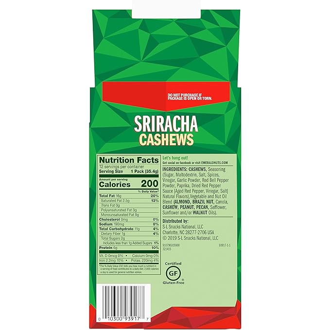 Emerald Nuts Sriracha Cashews 1.25 Oz Bags 12 Count