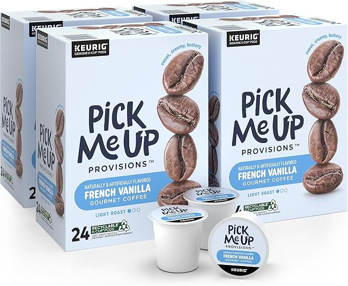 Pick Me Up Provisions French Vanilla Coffee - Light Roast K-Cup Pods 96 Count Keurig Compatible Arabica Kosher Recyclable