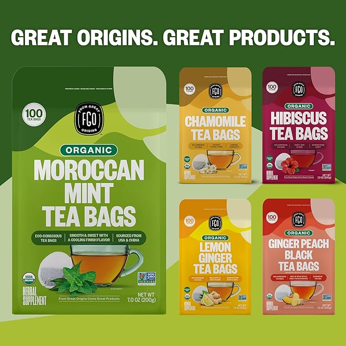 FGO Organic Moroccan Mint Green Tea 100 Count Eco-Conscious Tea Bags Resealable Bag Packaging May Vary (Pack of 1)