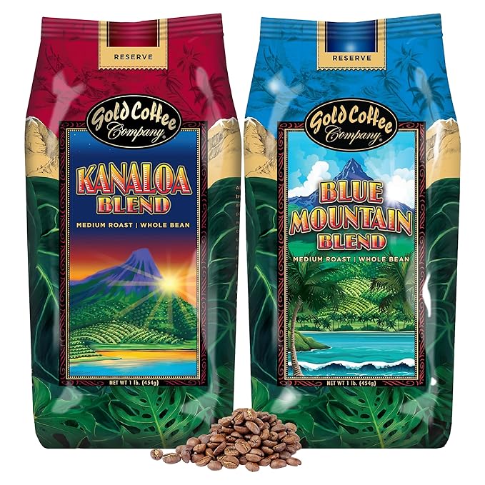 Gold Coffee Bundle | Kanaloa &amp Blue Mountain Medium Roast Whole Bean |100% Arabica Coffee 1 lb. (Pack of 2)