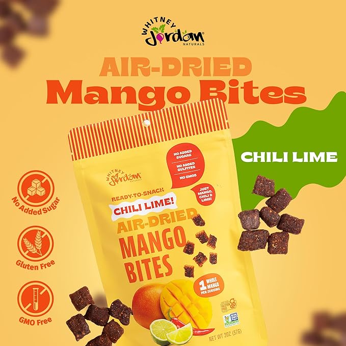 Whitney Jordan Naturals Air-Dried Chili Lime Mango Bites | Dried Fruit Made from Real Mangoes with Chili and Lime | No Sugar Added Vegan Chewy Fruit for Healthy Snacking On-the-Go | 2 Oz Pack of 10