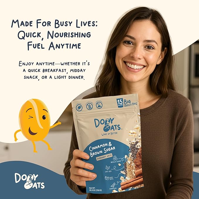 Dozy Oats Overnight Oatmeal 15-Serving Big Batch Bag. Gluten-Free Natural Source of Protein and Fiber Cinnamon and Brown Sugar 750g