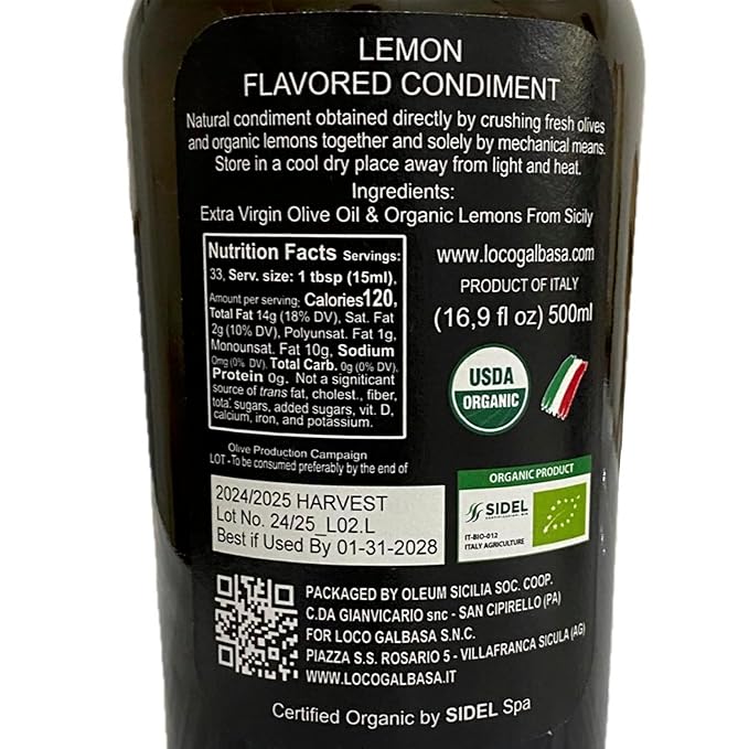 Galbasa - Organic Lemon Oil from Sicily Italy - First Cold Pressed Extra Virgin Olive Oil and Fresh Lemons - Polyphenol Rich No Pesticides | 16.9 fl oz