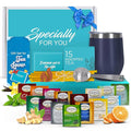 Tea Gift Set for Women and Men – Elegant Tea Sets for Women Gift with 15 Unique Teas Stainless Steel Tumbler &amp 10 Honey Straws in Premium Box (Blue)