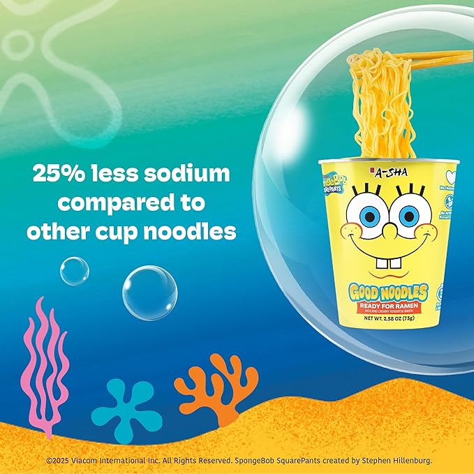 A-Sha &amp SpongeBob Squarepants Good Noodles (6 Pack) | Ready for Ramen (Mildly Spicy Flavor) | Rich and Creamy Tonkotsu Broth | Better For Your Microwaveable Ramen Soup Mix