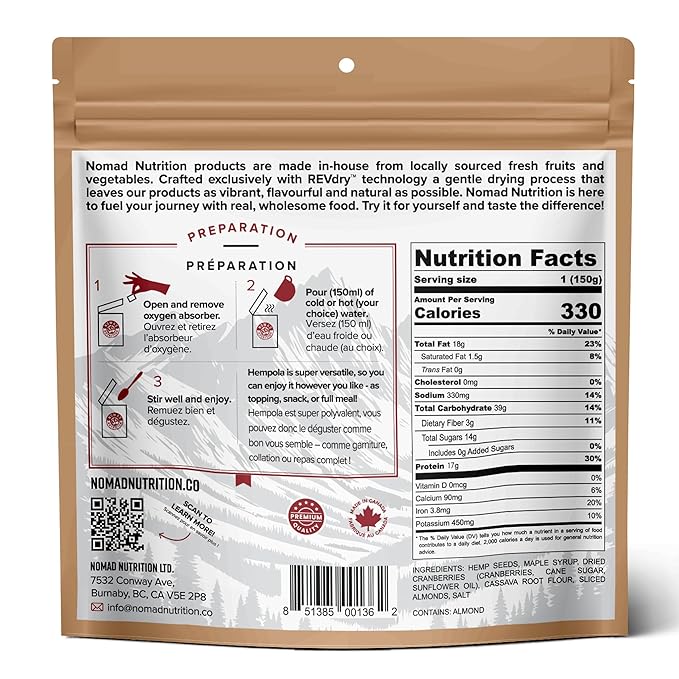 Nomad Nutrition Westcoast Hempola - Original Cereal | Granola Instant Freeze Dried Backpacking &amp Camping Food | Plant-Based Non-GMO Hiking Meals with High-Protein Vegan Gluten-Free | 112g - 4 P