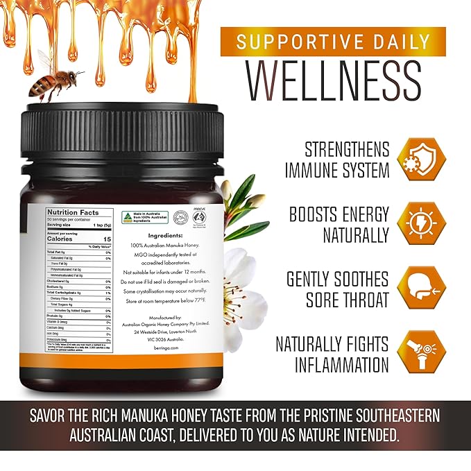 Berringa Manuka Honey Organic MGO 220+ Medium Strength Supports General Wellbeing &amp Digestive Balance - 100% Raw Pure &amp Unfiltered Sustainably Sourced from Australia - (8.82 oz)