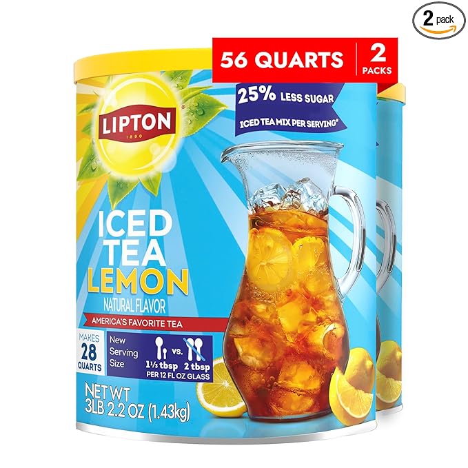 Lipton Lemon Flavor Iced Tea Mix with Reduced Sugar Makes 28 Quarts (Pack of 2)