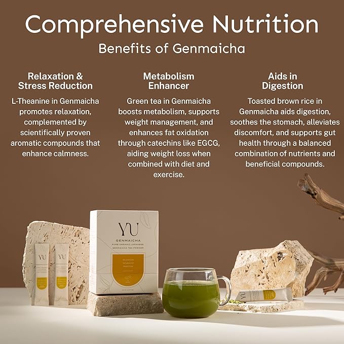 Yu Tea Organic Genmaicha Green Tea Powder 75 Servings | Japanese Green Tea &amp Roasted Brown Rice | Low Caffeine &amp Unsweetened | Relaxation Antioxidants &amp Digestion | Resealable Pouch 2.6