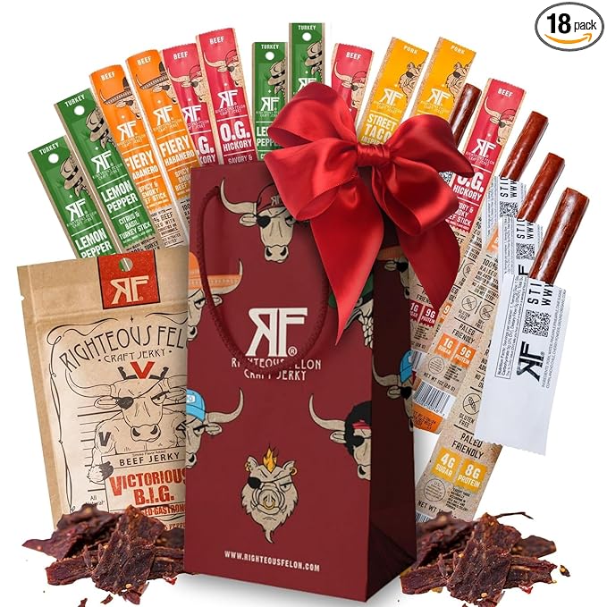 Righteous Felon Beef Jerky + Meat Sticks Variety Gift Basket - Great Gifts for Men | Gluten Free High Protein Healthy Snack | Beef Pork &amp Turkey Jerky Variety Snack Pack | The Gift Bag Pack