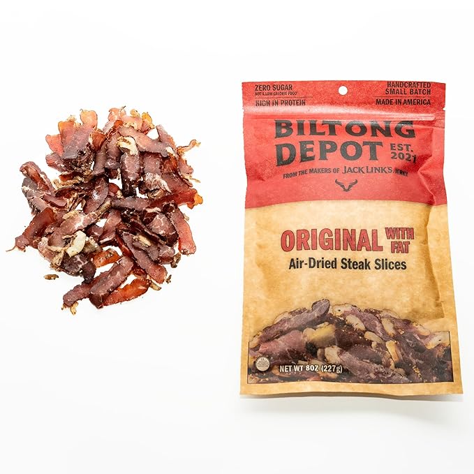 Biltong Depot Original Beef Biltong Slices with Fat – 8oz | Air-Dried Beef Jerky Snack | High Protein | Zero Sugar | Keto &amp Paleo Friendly | Gluten Free | No Artificial Preservatives | No MSG