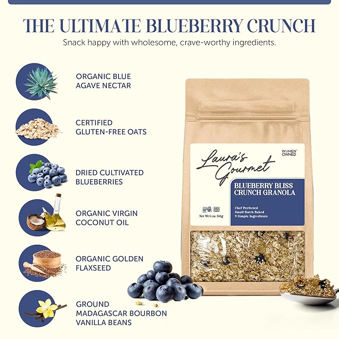 Laura's Gourmet Granola - BlueBerry Bliss Crunch - Gluten Soy &amp Dairy Free - Organic Agave Chewy Blueberries Citrus &amp Flax Vegan Artisan Chef's Trifecta of Taste Texture &amp Mouthfeel
