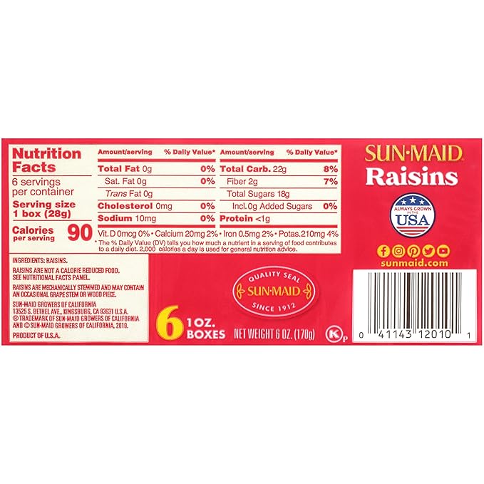 Sun-Maid Raisins Seedless On-The-Go Snacks 1 OZ 6 CT Pack of 3 (18 Total Packs)