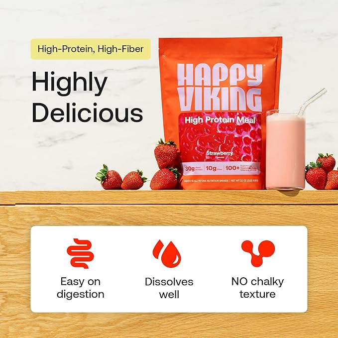 Happy Viking Plant-Based Protein Powder +100 Superfoods Strawberry Meal Replacement Shake Created by Venus Williams 30g Plant Protein 10g Fiber Vegan Gluten-Free Non-GMO15 Meals