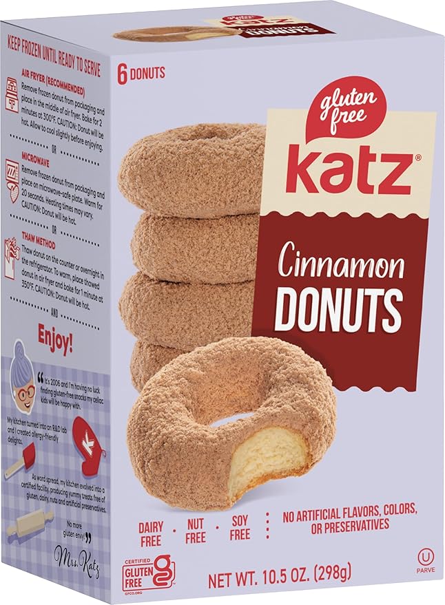 Katz Gluten Free 8pk. 2 Flavors Crème Cakes 2 Flavors Crème Cupcakes 4 Flavors Donuts. Free of Gluten Dairy Tree Nuts Peanuts Sesame and Soy. Kosher.